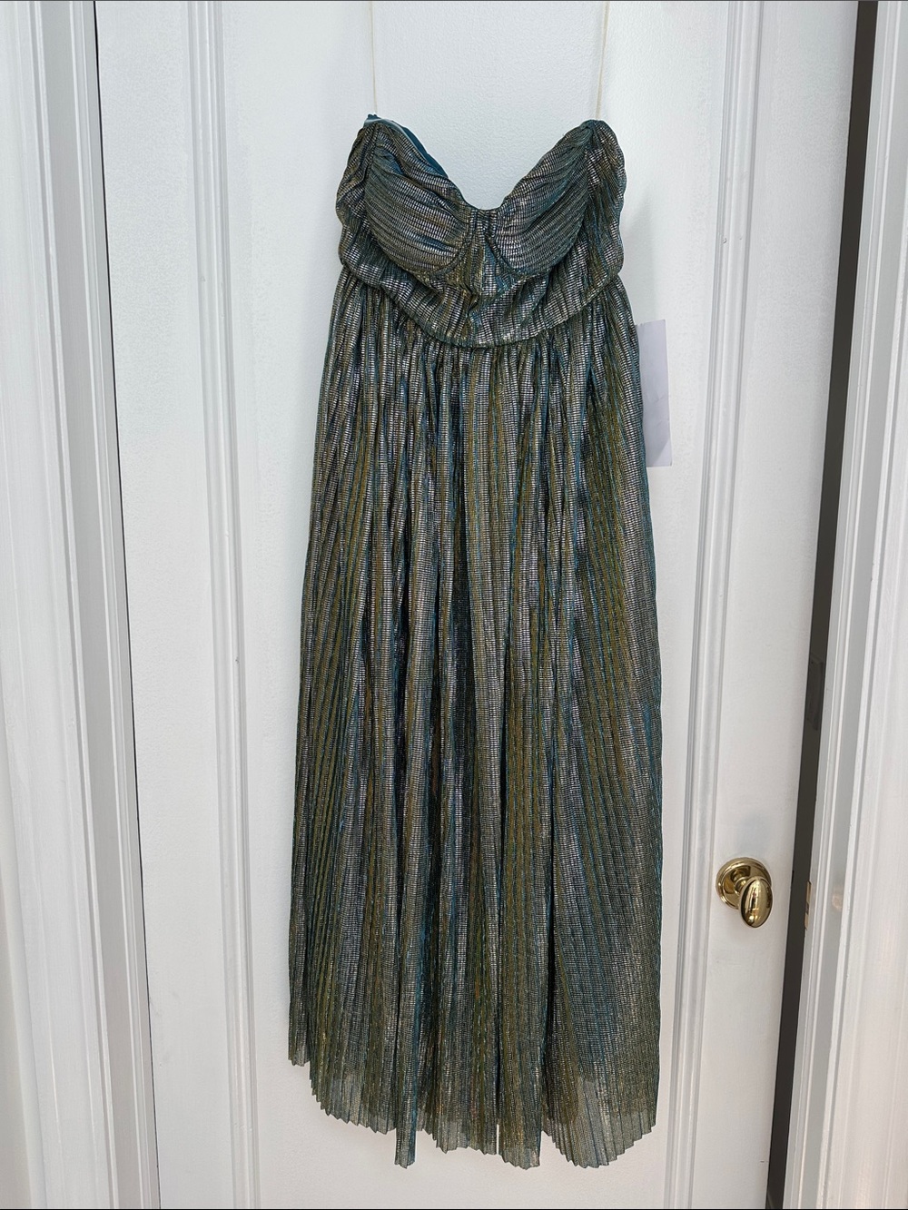 Glamorous Iridescent Strapless Pleated Maxi Dress in Green-Blue